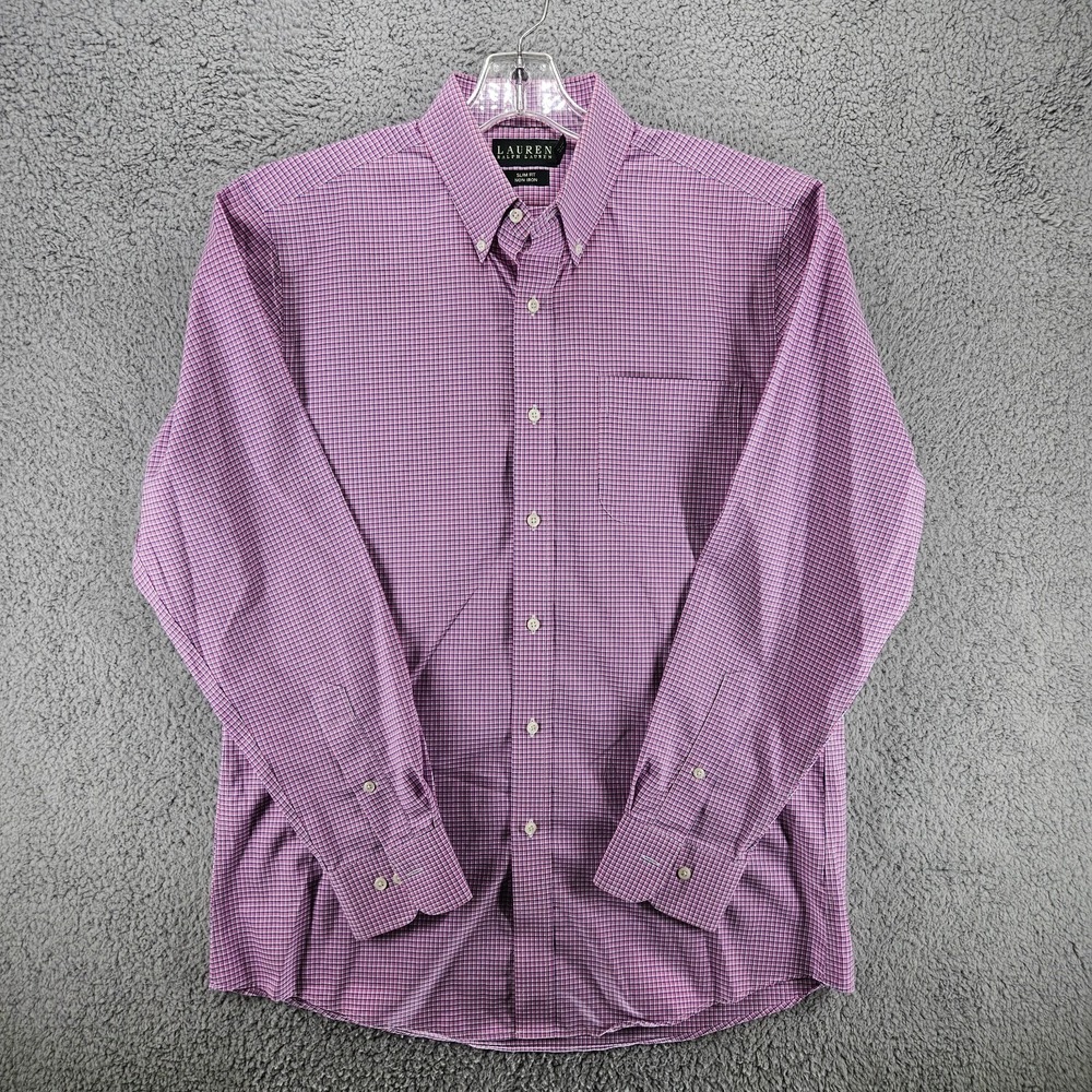 Lauren Ralph Lauren Mens 16 34/35 Slim Fit Non Iron Pink Blue Check Dress Shirt